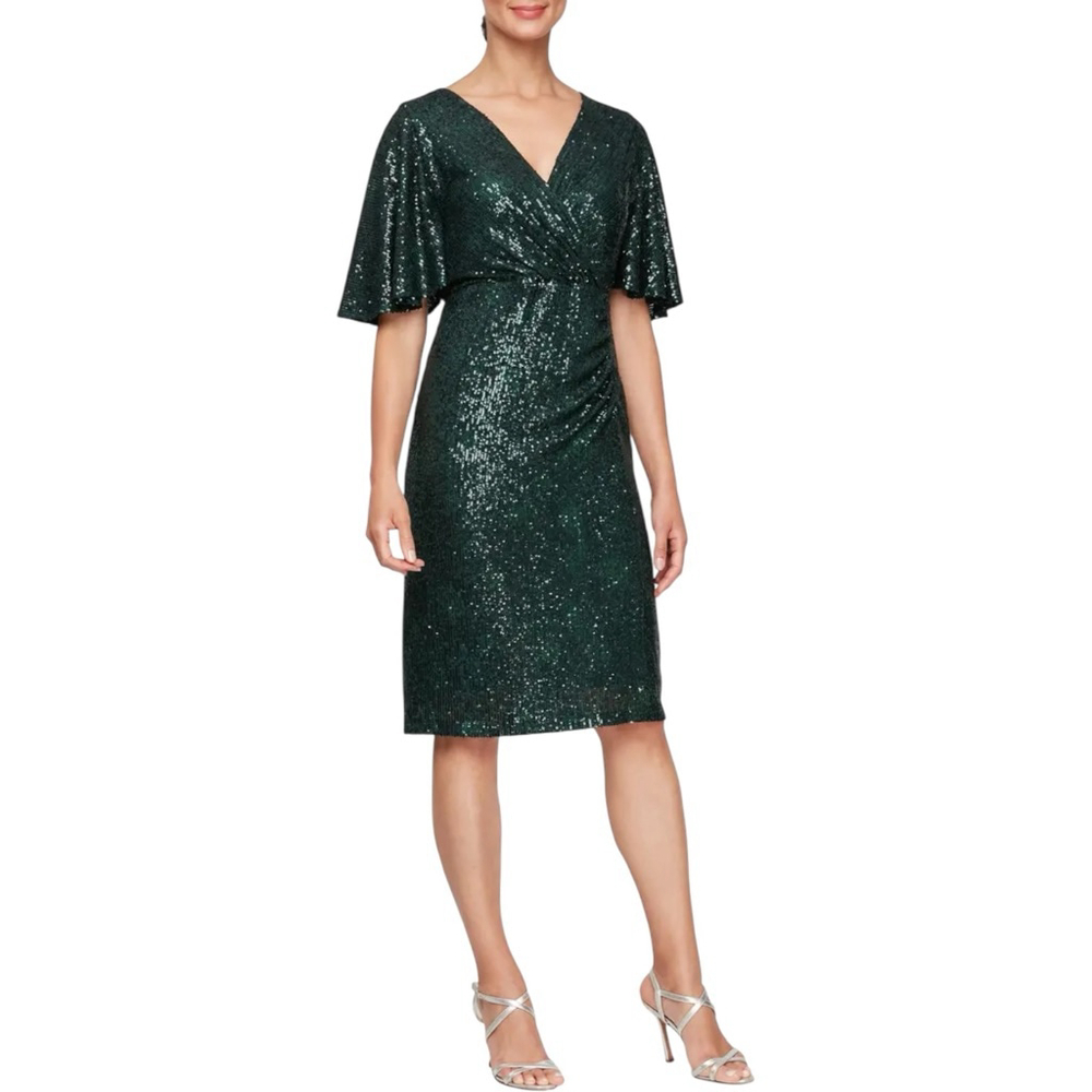 SLNY Surplice Capelet Sleeve Sequin Cocktail Dress Green Holiday Size 14W